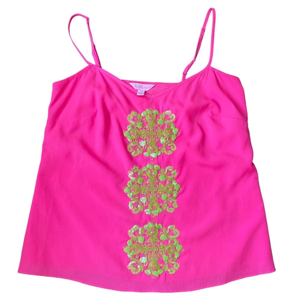 Lilly Pulitzer Neon Pink Spaghetti Strap Top with Green Sequins Size XS